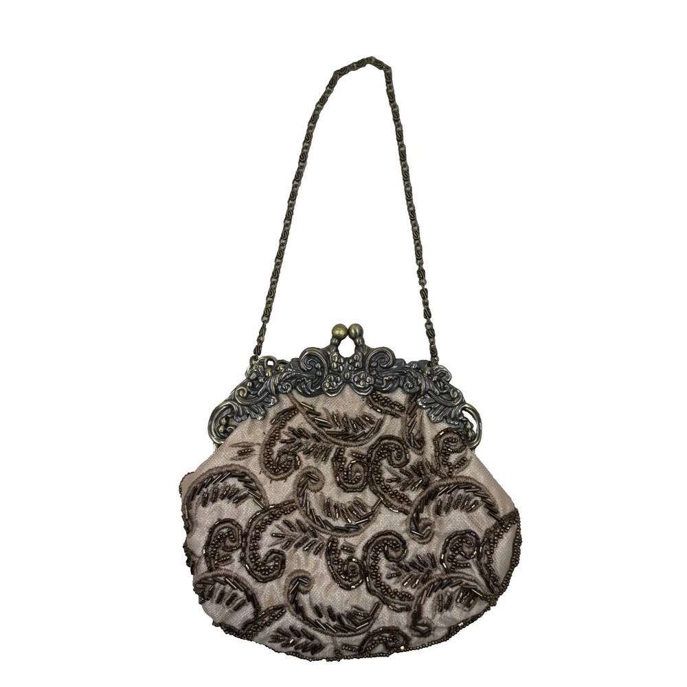 Vintage Inspired Beaded Purse Wristlet Kiss Lock Cream Brown